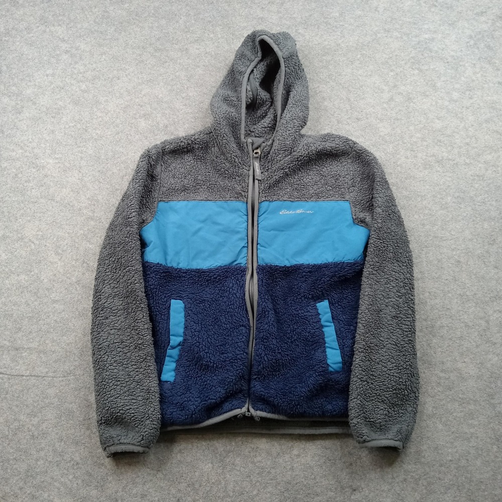Eddie Bauer Kids Jacket Small 7/8 Gray Blue Hooded Sherpa Fleece‎ Zip 9370W670